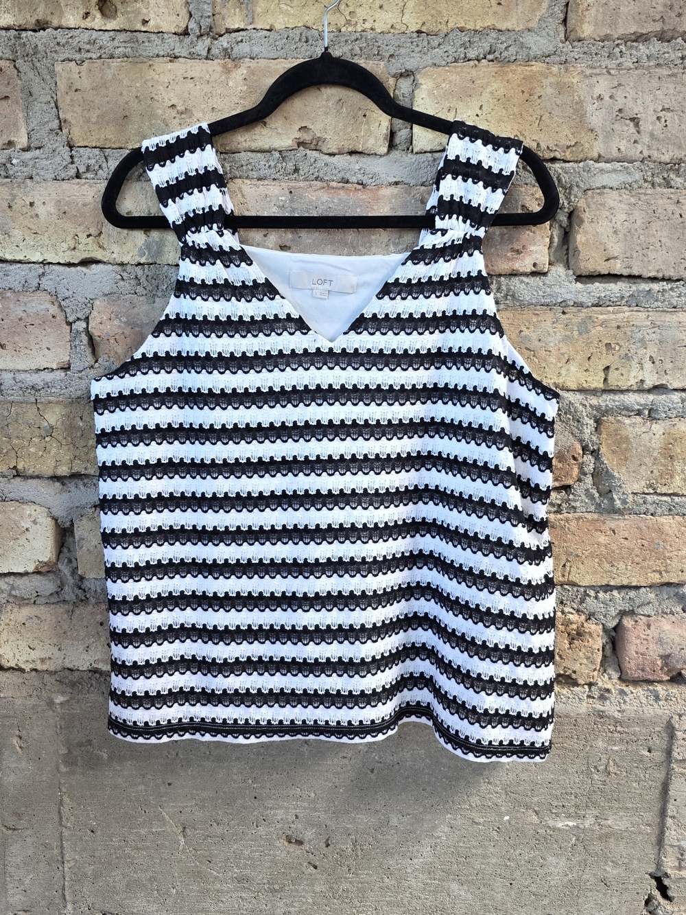 LOFT Black and White Striped Lace Mixed Media Shell Tank - Size Large